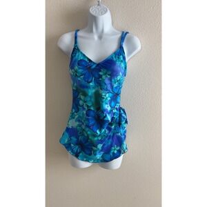 Maxine of Hollywood One Piece Swimsuit XS Blue Tropical Floral Sarong‎ Tie Front